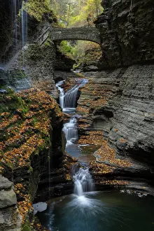 Bridge: USA, New York. Series of waterfalls and bridge in Watkins