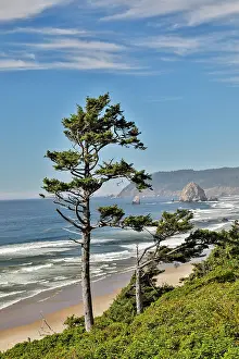 Stack: USA, Oregon. Cannon Beach with Haystack
