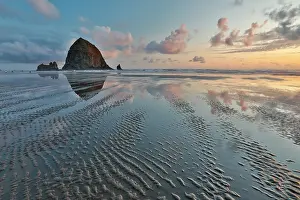 Hour: USA, Oregon, Cannon Beach. Sunset golden colors