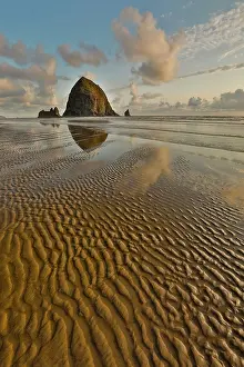 Hour: USA, Oregon, Cannon Beach. Sunset golden colors