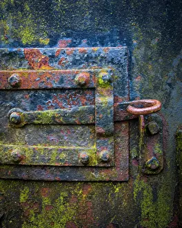 Metal: USA, Oregon, Tillamook. Close-up of lock on metal boiler
