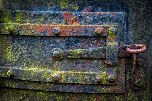 Metal: USA, Oregon, Tillamook. Close-up of lock on metal boiler