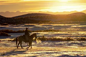 Model: USA, Shell, Wyoming. Hideout Ranch sunset and silhouetted