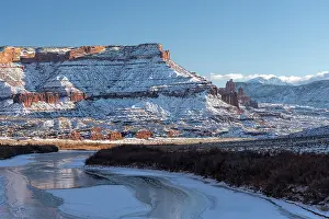 Recreation: USA, Utah. Fisher Towers, La Sal Mountains, and