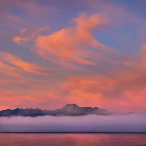 Seabeck: USA, Washington State, Seabeck. Fog layer at sunrise on Hood
