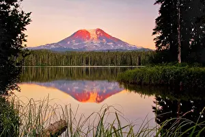 Away: USA, Washington State, Sunset on Mt. Adams reflecting
