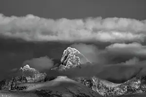 Table: USA, Wyoming. Black and white landscape of Teton
