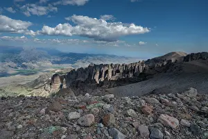 Pinnacle: USA, Wyoming. Lichen colored rocks and pinnacle like cliffs