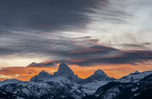 Table: USA, Wyoming. Sunrise over the Teton Mountains from