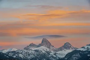 Idaho: USA, Wyoming. Sunset over Teton Range from the west with