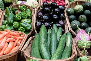 Pepper: Vegetable baskets with, carrots, cucumbers, cabbage