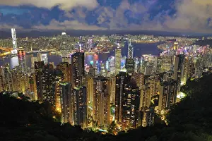 Victoria: Victoria Harbour and Skyline from Victoria Peak at night, Ho