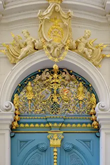 Gold: Vienna, Austria. Stunning blue carved door, 1800's