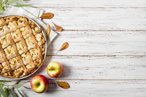 Apple: top view apple pie thanksgiving with leaves copy