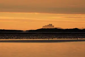 Bamburgh: View of Bamburgh Castle - from Holy Island causeway at dawn