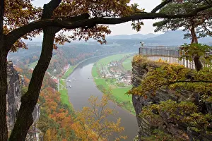 Viewing: View from Bastei Bridge to Elbe river in autumn