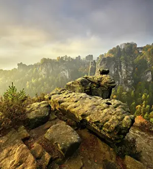 Bastei: View of the Bastei bridge, morning light, Elbsandsteingebirg