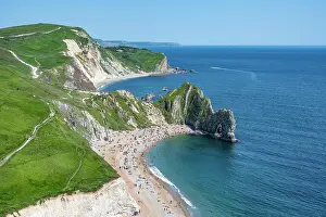Devon: View over the chalk coast with the famous rock b