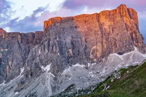 Limestone: View of the evening light on Langkofel Group in