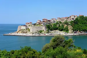 Battlement: View of fortress with old town, Ulcinj, Montenegro