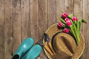 Decorated: Top view gardening items tulips