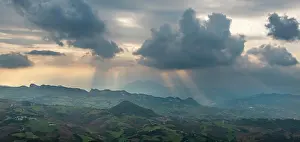 Sunrays: View over the hilly landscape of San Marino, sunrays