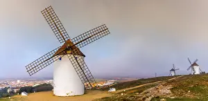 Whitewashed: View of historic whitewashed windmills in La Mancha