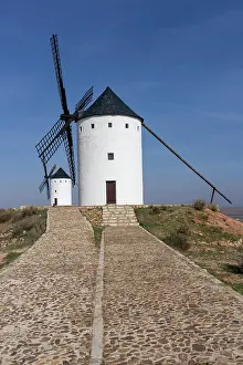 Whitewashed: View of the historic the windmills of La Mancha