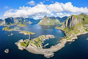 Reine: View of islands, fjord and mountains, fishing villages
