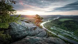 Lilienstein: View from Lilienstein to the Elbe river at sunrise