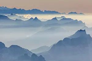 Appenzell: View of mountain range, haze, backlight, autumn