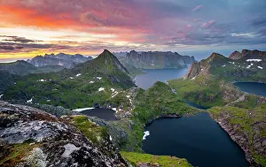 Lofoten: View over mountain tops and sea, with lakes Litlforsvatnet