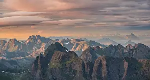 Lofoten: View over mountain tops and sea, mountains in evening