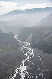 Thorsmork: View into mountain valley with river Hvanna, at