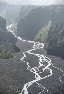 Thorsmork: View into mountain valley with river Hvanna, at