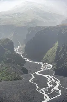 Thorsmork: View into mountain valley with river Hvanna, at