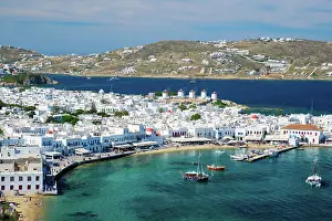 Yacht: View of Mykonos town, Greek travel destination with