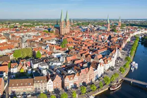 Habour: View of the old town and the museum harbour of Luebeck