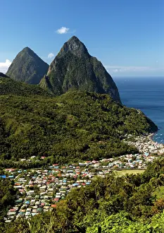 Lucia: A view of The Pitons Mountains, with dense green