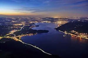 Roads: View from Rigi Kulm to the sea of lights with the motorway
