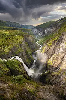 Hordaland: View into the river valley with waterfall Vcringfossen