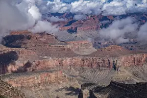 Landmarks: View of rock formations and forests in the Grand Canyon