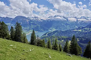 Overlook: View of the snow-covered Alps and Lake Wagital
