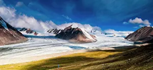 Altai: View of snow-covered Altai mountains with clouds