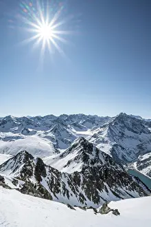 Tyrol: View of Stubai Alps with Lcngental reservoir, mountains