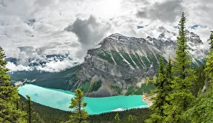 Louise: View of turquoise glacial Lake Louise, summit of
