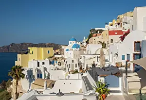 Church: View of village of Ia, Oia, Santorini, Thira, Greece, Europe