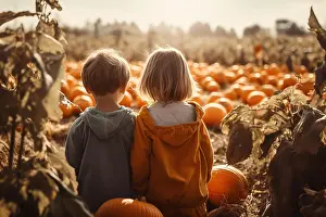 Generated: Back view of two young children in pumpkin patch