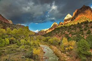 Zion: The Virgin River in autumn under dramatic
