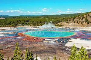 Prismatic: Visitors on footbridge over steaming hot spring